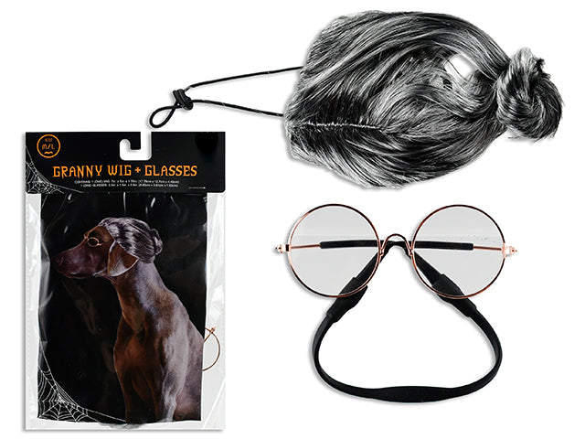 Carton of 12 Set/2 Hween Pet Granny Wig + Glasses Set. 2 Asst.Sizes: XS/S / M/L. Polybag w/Insert.