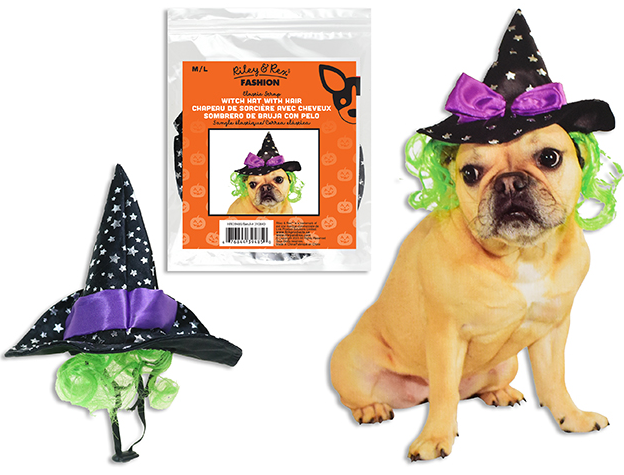 Carton of 24 Hween Pet Witch Hat w/Hair. Elastic Strap. 2 Asst.Sizes: S/M / M/L. Polybag w/Insert.