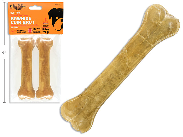 Carton of 24 2pk 5in Buffalo Rawhide Pressed Bone. 50g/pc. PVC Bag w/Header Card.