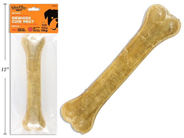Carton of 24 8in Buffalo Rawhide Pressed Bone. 130g/pc. PVC Bag w/Header Card.