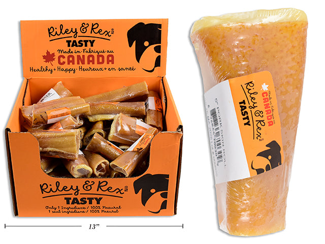 Carton of 50 5" Pork Skin Roll Natural Treat. Shrink Wrapped w/Colour Label. 50/Dsp.
