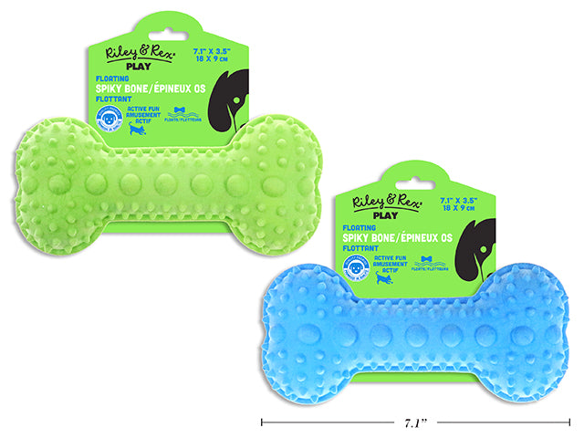 Carton of 12 7.1in x 3.5in Foam TPR Floating Spiky Bone Dog Toy. 2 Asst.Colours. h/c.