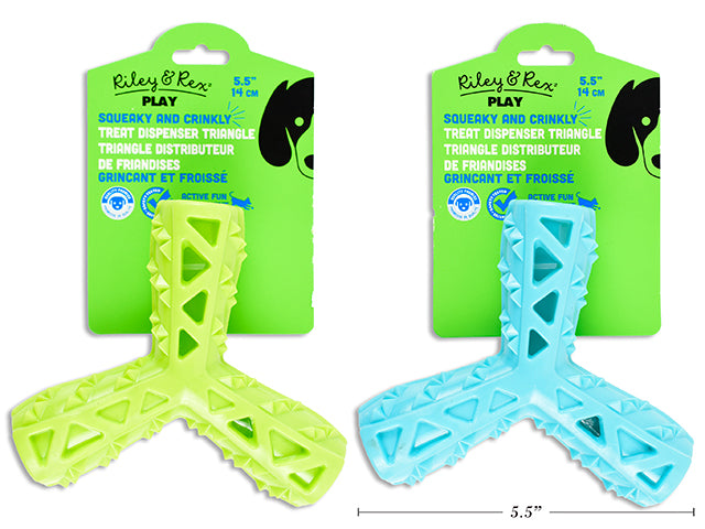 Carton of 12 5.5in TPR Squeaky & Crinkle Treat Dispenser Triangle Dog Toy. 2 Asst.Colours. h/c.