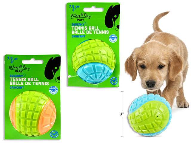 Carton of 12 75mm 2-Tone Soft Squeaky TPR Tennis Ball Dog Toy. 2 Asst.Colours. Sleeve Card.