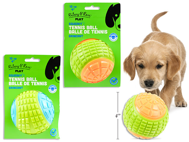 Carton of 12 100mm 2-Tone Soft Squeaky TPR Tennis Ball Dog Toy. 2 Asst.Colours. Sleeve Card.