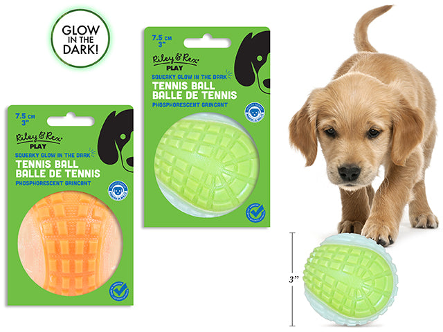 Carton of 12 75mm 2-Tone GID Soft Squeaky TPR Tennis Ball Dog Toy. 2 Asst.Colours. Sleeve Card.