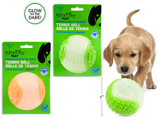 Carton of 12 100mm 2-Tone GID Soft Squeaky TPR Tennis Ball Dog Toy. 2 Asst.Colours. Sleeve Card.