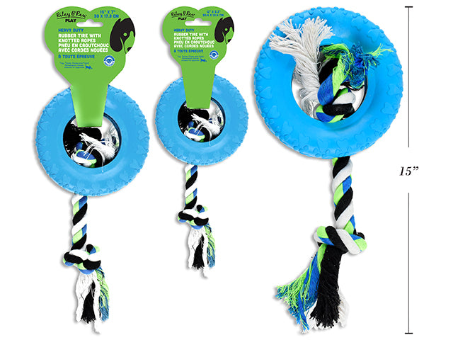 Carton of 6 Heavy Duty Rubber Tire w/Knotted Rope Dog Toy. 2 Asst.Sizes. Wrap Header.