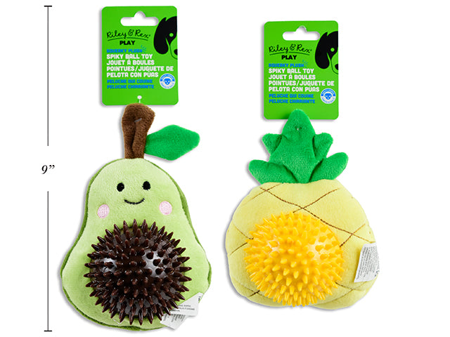 Carton of 12 Squeaky Plush Tropical Fruit w/TPR Spiky Ball Dog Toy. 2 Asst.: Pineapple / Avocado. h/c.