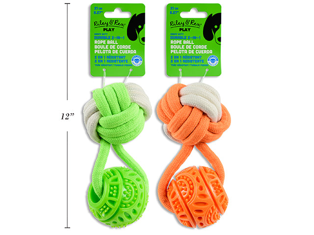 Carton of 12 8.27in Heavy Duty Durable 2-in-1 Rope Ball w/TPR Ball Dog Tug Toy. 2 Asst.Cols. h/c.