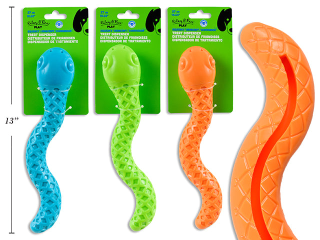 Carton of 12 10.63in TPR Squeaky Treat Dispenser Snake Dog Toy. 3 Cols: Blue / Lime Green / Orange. t.o.c.