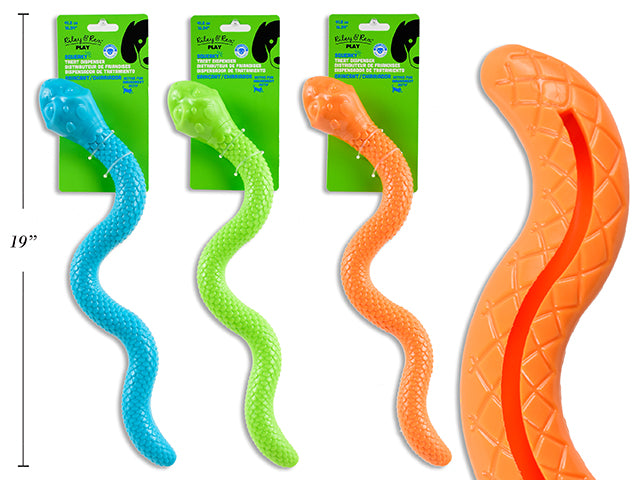 Carton of 12 16.34in TPR Squeaky Treat Dispenser Snake Dog Toy. 3 Cols: Blue / Lime Green / Orange. t.o.c.