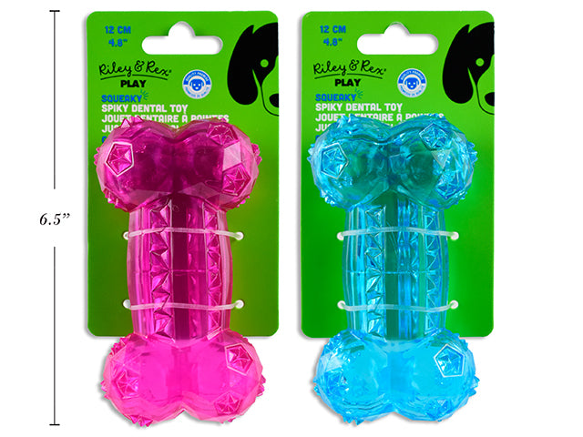Carton of 12 4.8in Squeaky TPR Dental Spiky Bone Dog Toy. 2 Cols: Fuchsia / Blue. T.o.c.