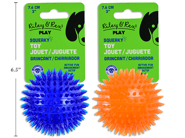 Carton of 12 76mm Squeaky Spiky TPR Ball Dog Toy. 2 Asst.Colours. h/c.