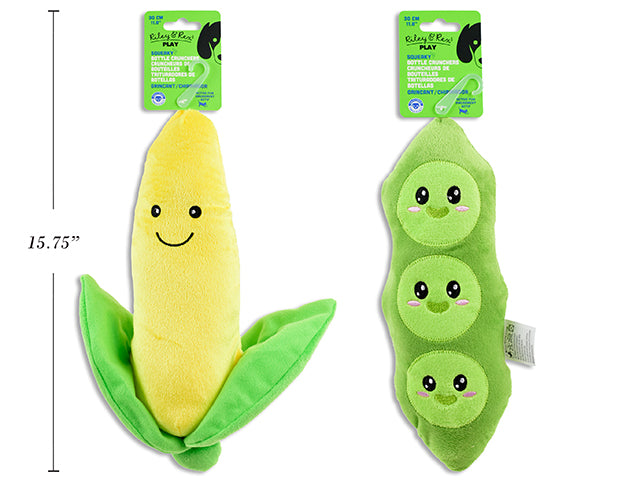 Carton of 12 11.8in Plush Pea Pods / Corn w/Bottle Cruncher Dog Toy. 2 Asst. h/c.