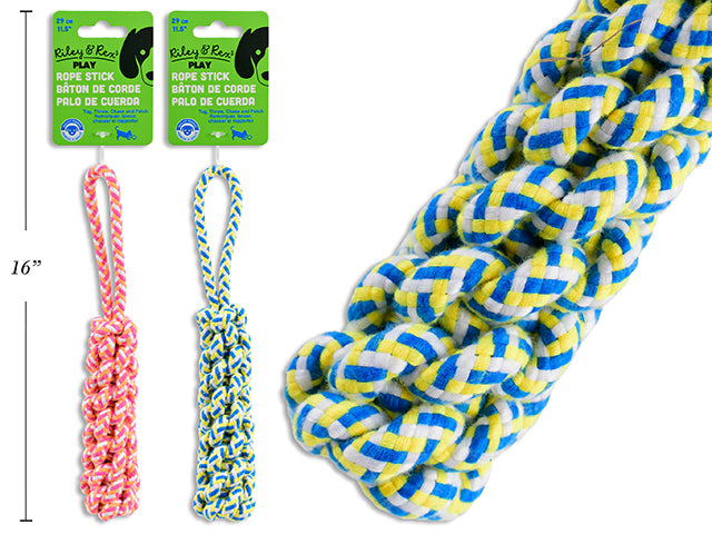 Carton of 12 11.4in Polyester Braided Rope Stick Tug Dog Toy. 2 Asst.Colours. h/c.