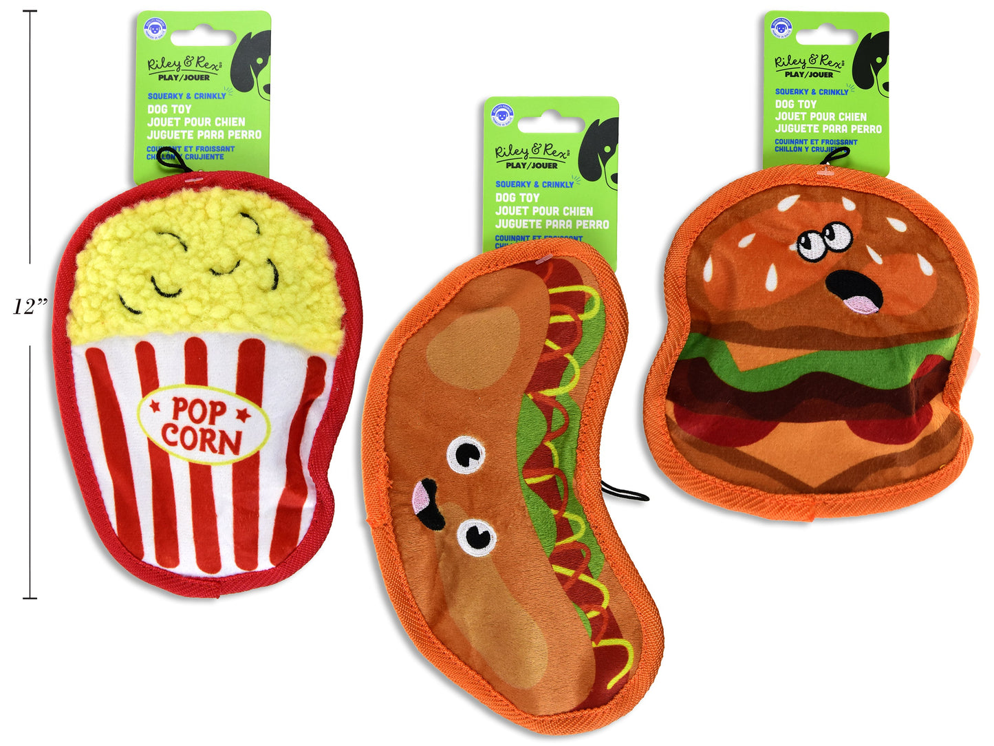 Carton of 12. Squeaky Fast Food Stuffing Free Plush Dog Toy. 3 Asst.: Hamburger / Popcorn / Hot Dog. h/c.