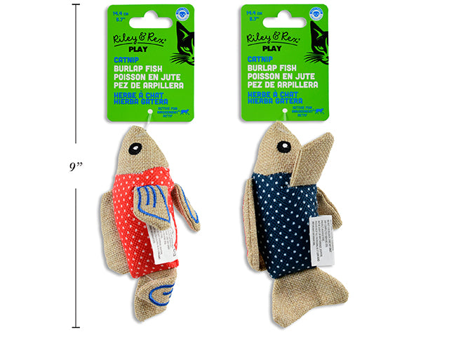 Carton of 12 5.7in Burlap Fish Catnip Cat Toy. 2 Asst.Styles. h/c.