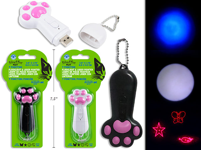Carton of 12. 7-in-1 Built-In USB Rechargeable Paw Shaped Multi- Functions Laser Pointer / Flashlight. 2 Cols. b/c.
