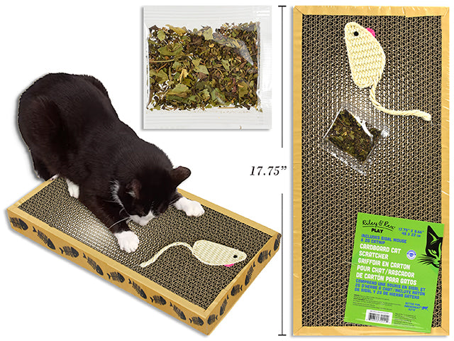 Carton of 12 17.75in x8.66in Corrugated Cardboard Cat Scratcher Board w/Sisal Mouse & 2g Catnip. Shrink w/Col.Ins.