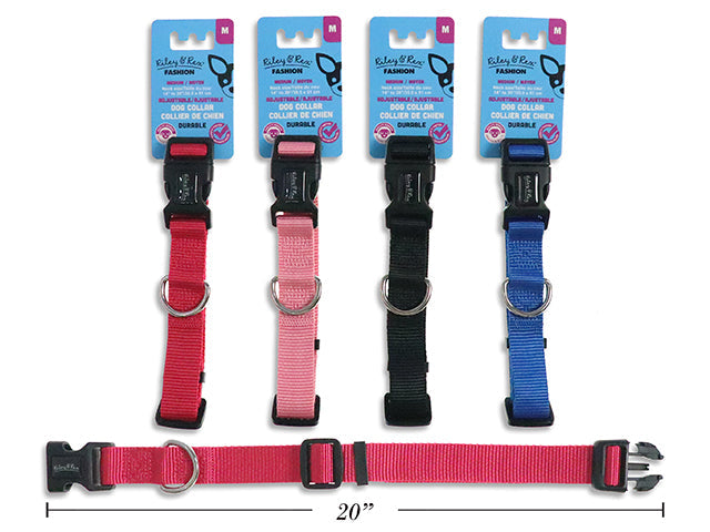 Carton of 12 Adjustable Solid Nylon Dog Collar - Medium. 1in Width. 4 Asst.Colours. T.o.c.