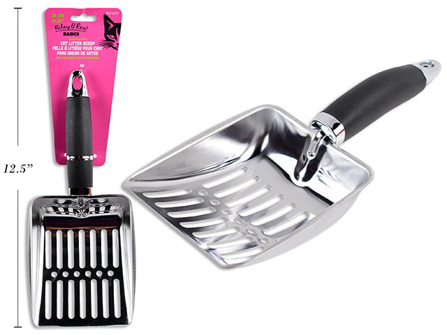 Carton of 12 10.25in Stainless Steel Cat Litter Scoop w/Rubber Comfort Grip. Cht.