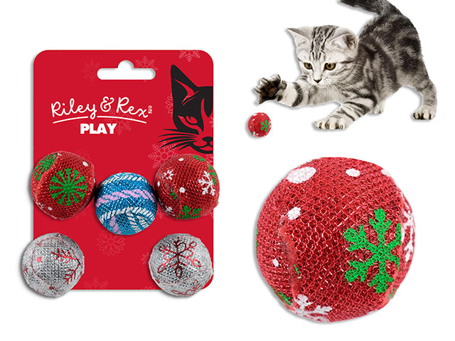 Carton of 12 5pk 38mm Xmas Tinsel Ball Catnip Cat Toy. t.o.c.