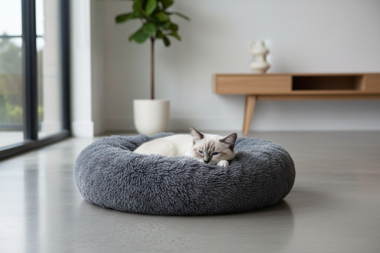 A realistic indoor lifestyle photo of a plush donut-shaped pet bed in a deep, dark solid colour placed in a modern home setting. The bed’s fluffy texture is emphasized under soft natural lighting. A small dog or cat is curled up comfortably inside, appearing calm and relaxed. The background is minimal and softly blurred, creating a cozy, premium atmosphere. High realism, soft shadows, professional pet lifestyle photography style.