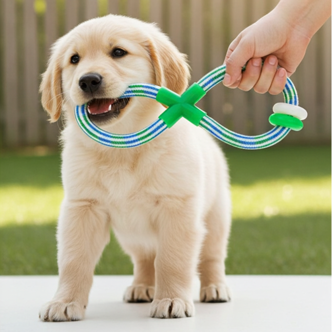 Carton of 12 10-5/8in Elastic 8-Shaped Rope Toy w/Rings. 2 Asst.Colours: Green / Yellow.. Header Card.