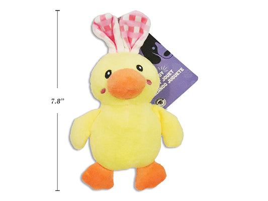 Carton of 12 8.5in Squeaky Bunny Ear Chick Plush Dog Toy. J-hook w/Cht.
