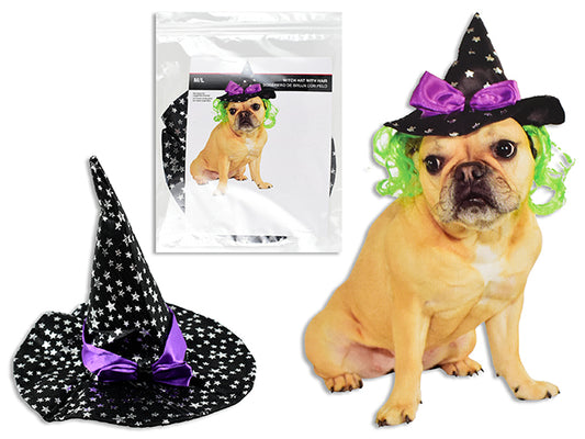Carton of 24 Hween Pet Witch Hat w/Hair. Elastic Strap. 2 Asst.Sizes: S/M / M/L. Polybag w/Insert.