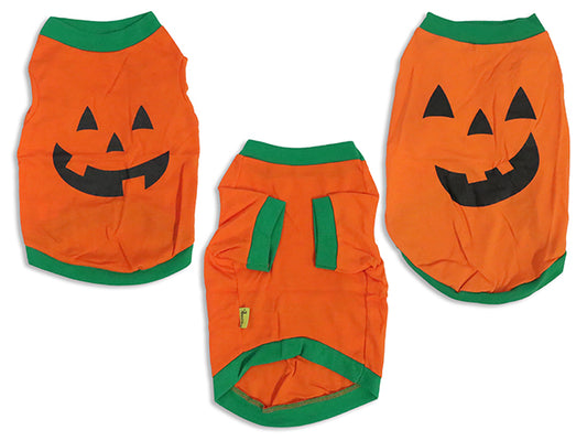 Carton of 12 Pet Pull-On Jack-o-Lantern Cotton T-shirt. 2 Asst. 3 Sizes: M / L / XL. Polybag w/Insert.