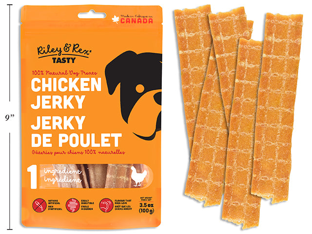 Carton of 12 Chicken Jerky. 100g. Resealable Peggable Pouch.