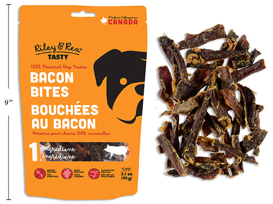 Carton of 12 Bacon Mini Bites. 90g. Resealable Peggable Pouch.