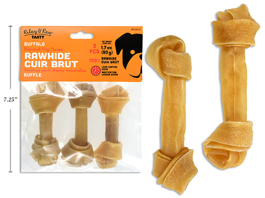 Carton of 24 3pk 3in - 3.5in Buffalo Rawhide Knotted Bone. 15-20g/pc. PVC Bag w/Header Card.