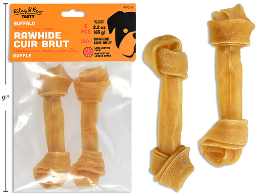 Carton of 24 2pk 4in - 5.5in Buffalo Rawhide Knotted Bone. 35g/pc. PVC Bag w/Header Card.