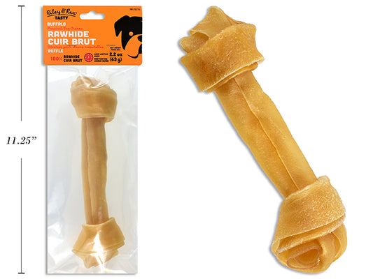 Carton of 24 7in - 7.5in Buffalo Rawhide Knotted Bone. 65g/pc. PVC Bag w/Header Card.