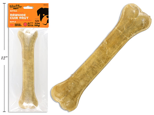 Carton of 24 8in Buffalo Rawhide Pressed Bone. 130g/pc. PVC Bag w/Header Card.