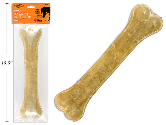 Carton of 24 12in Buffalo Rawhide Pressed Bone. 330g/pc. PVC Bag w/Header Card.
