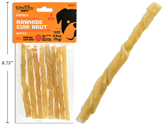 Carton of 24 8pk 5in Buffalo Rawhide Twist Sticks. 70g/Bag. PVC Bag w/Header Card.