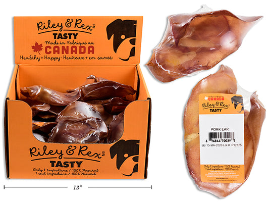 Carton of 30 Smoked Whole Pig Ear Natural Treat. Shrink Wrapped w/Colour Label. 30/Dsp.
