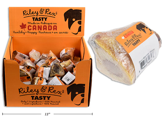 Carton of 48 Beef Marrow Bone XSM 1-2in Natural Treat. Shrink Wrapped w/Colour Label. 48/Dsp.