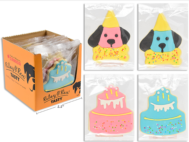 Carton of 24 Happy Birthday Cookie Dog Treat. 50g. Peanut Flavour. 4 Asst. 12/Dsp.