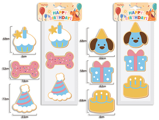 Carton of 24 3pk Happy Birthday Cookie Dog Treat. 15g/pc. Peanut Flavour. 3 Styles/Pack. 2 Asst. pbh.
