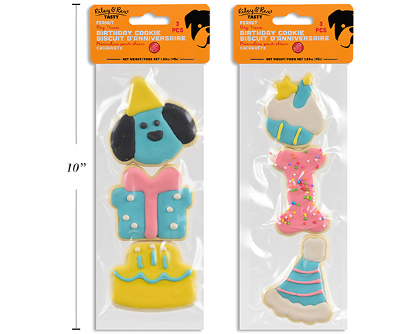 Carton of 24 3pk Happy Birthday Cookie Dog Treat. 15g/pc. Peanut Flavour. 3 Styles/Pack. 2 Asst. pbh.