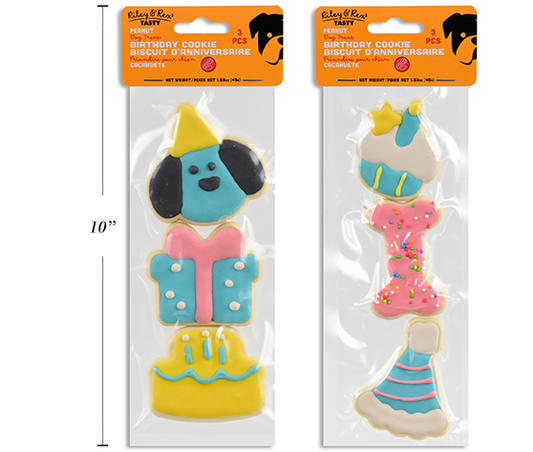 Carton of 24 3pk Happy Birthday Cookie Dog Treat. 15g/pc. Peanut Flavour. 3 Styles/Pack. 2 Asst. pbh.