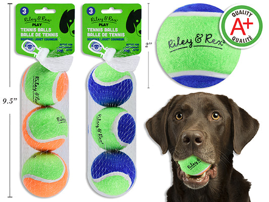 Carton of 12 3pk 50mm Dog Toy Squeaky Tennis Balls. 2 Asst.Colours. Netbag w/Header. (Grade A Quality)