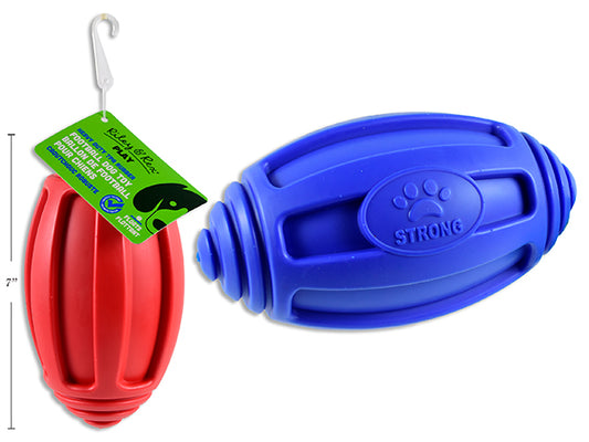 Carton of 12 7in x 4in Pet Floating TPR Rubber Football. 2 Asst.Colours. J-hook w/Cht.