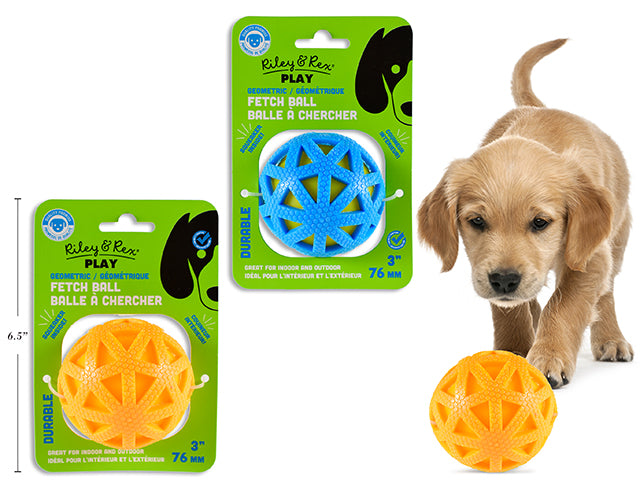 Carton of 12 76mm Dog Geometric Fetch Ball. 2 Asst.Cols: Orange / Blue. Sleeve Card.