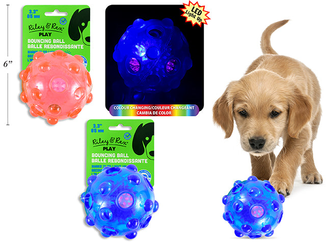 Carton of 12 85mm DOG PVC Light-Up Bouncing Ball. 3 Asst.Colours. h/c.